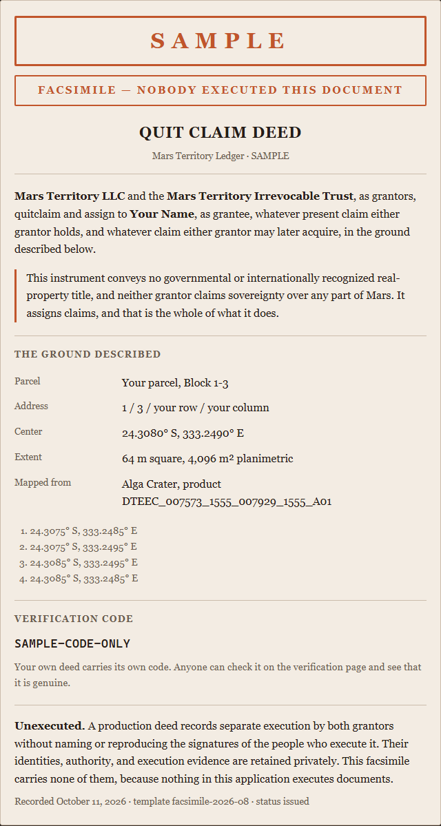 Sample Quit Claim Deed, with a placeholder name and code