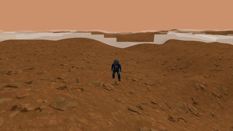 A suited figure standing on a parcel's ground in the 3D view, with neighboring fences on the horizon